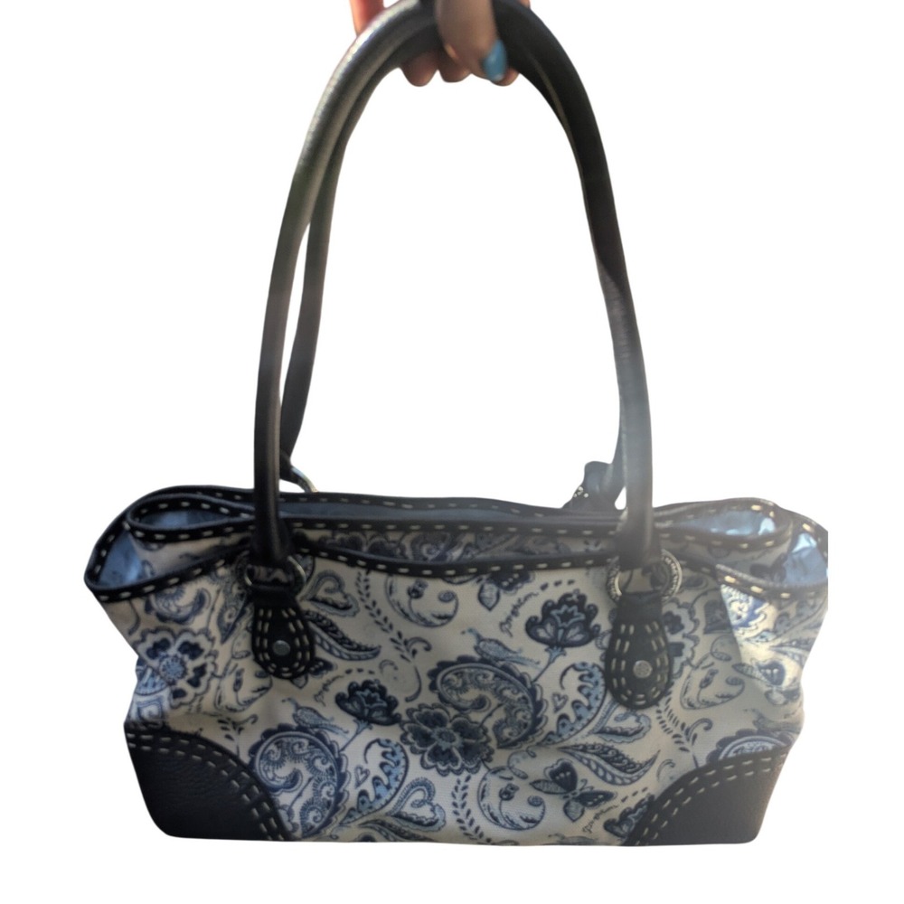Brighton Blue Floral Paisley Canvas Leather Trim Shoulder Bag Tote D433222 - Picture 2 of 9